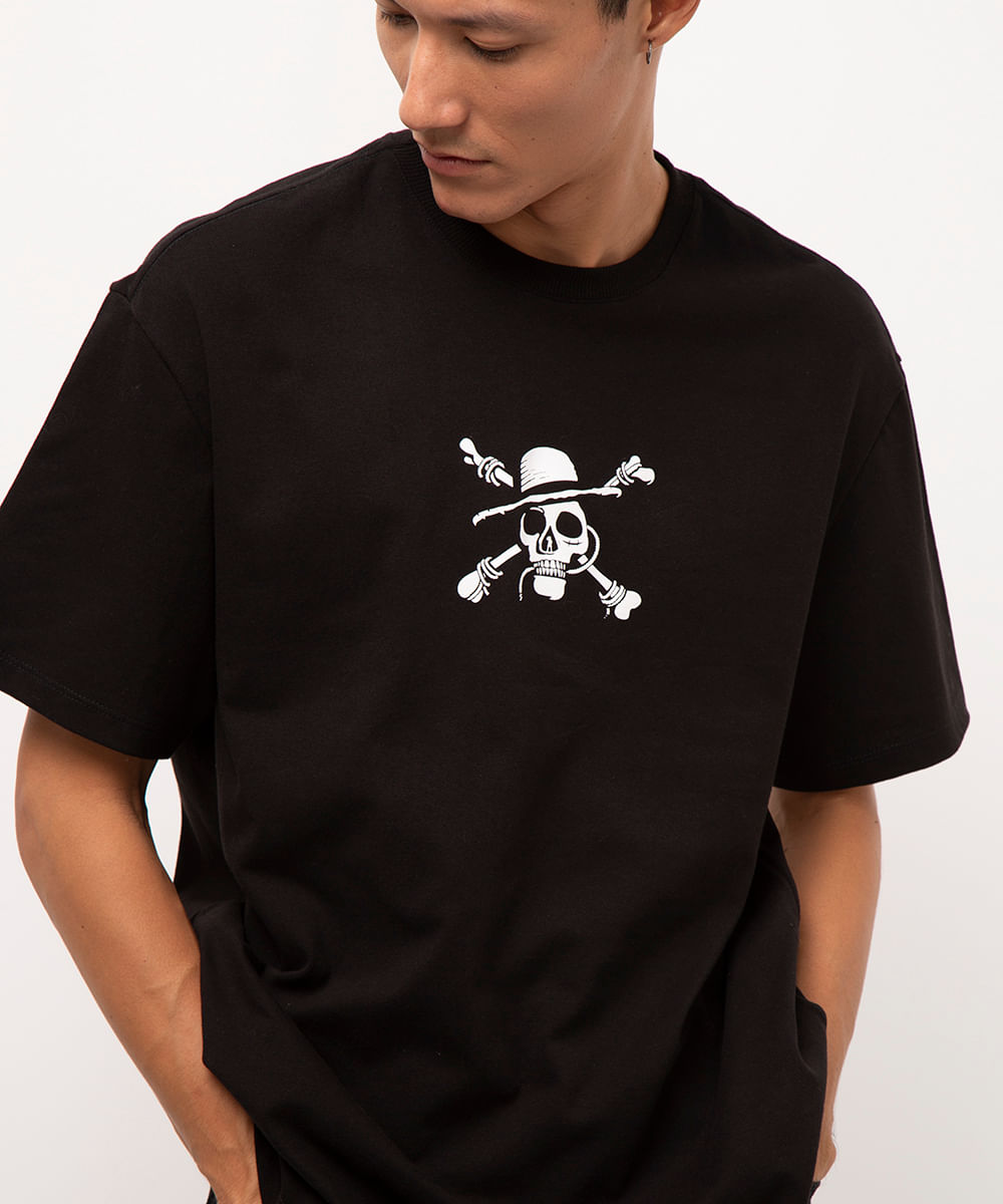 camiseta de algodão manga curta one piece preto