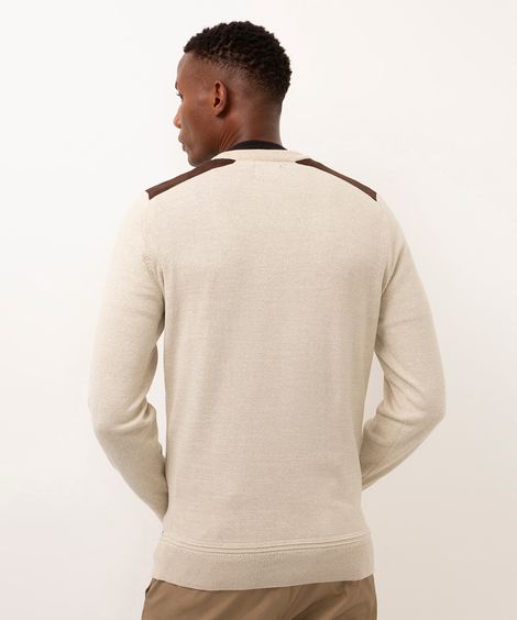 suéter de tricot com recorte de suede bege