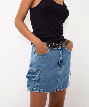 minissaia jeans cintura média cargo azul