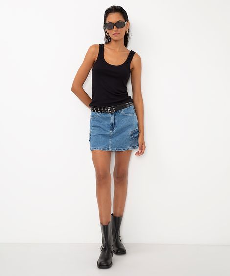 minissaia jeans cintura média cargo azul
