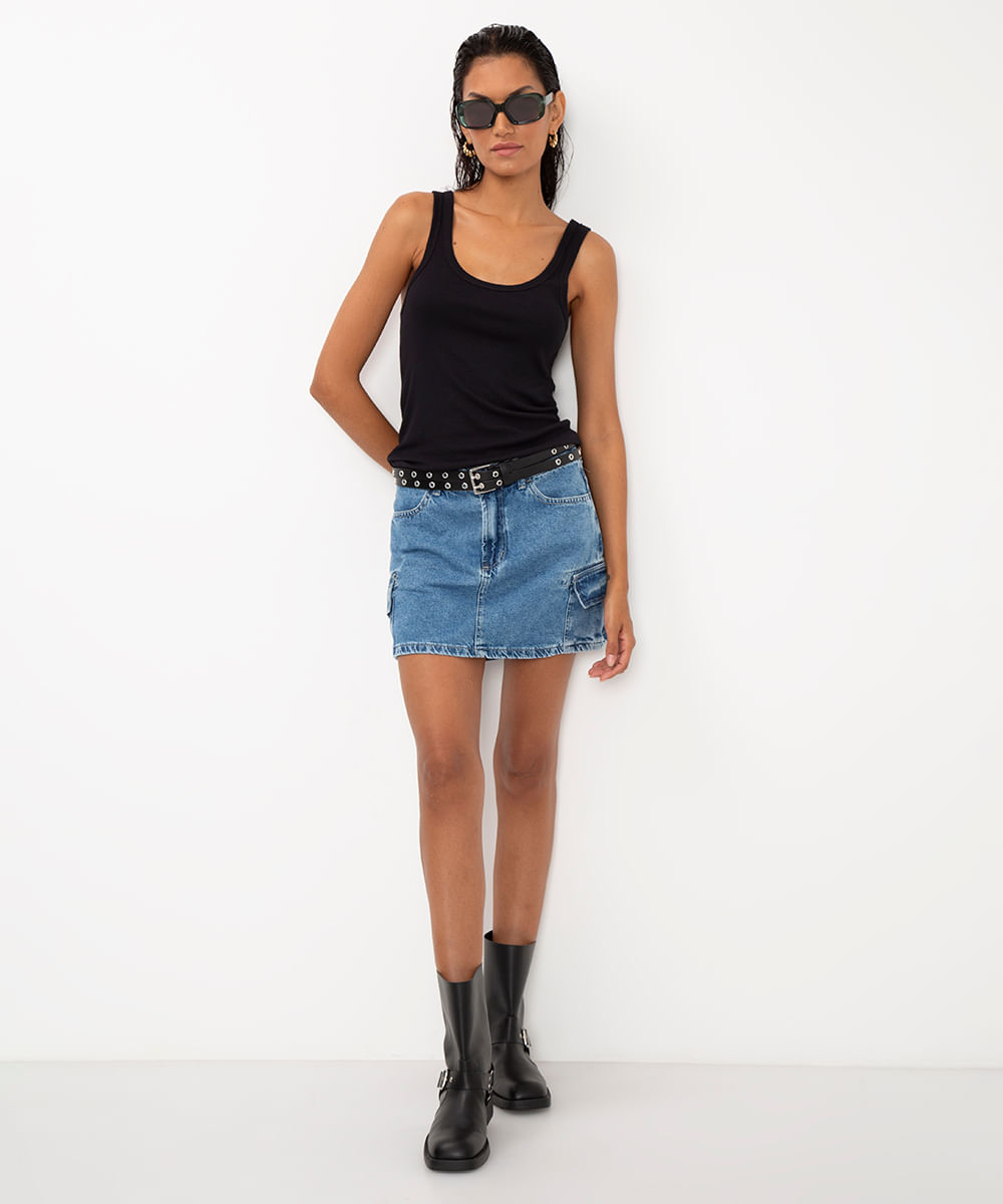minissaia jeans cintura média cargo azul