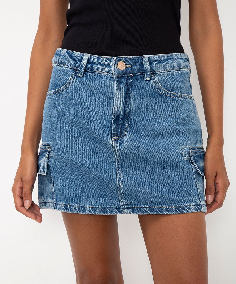 minissaia jeans cintura média cargo azul
