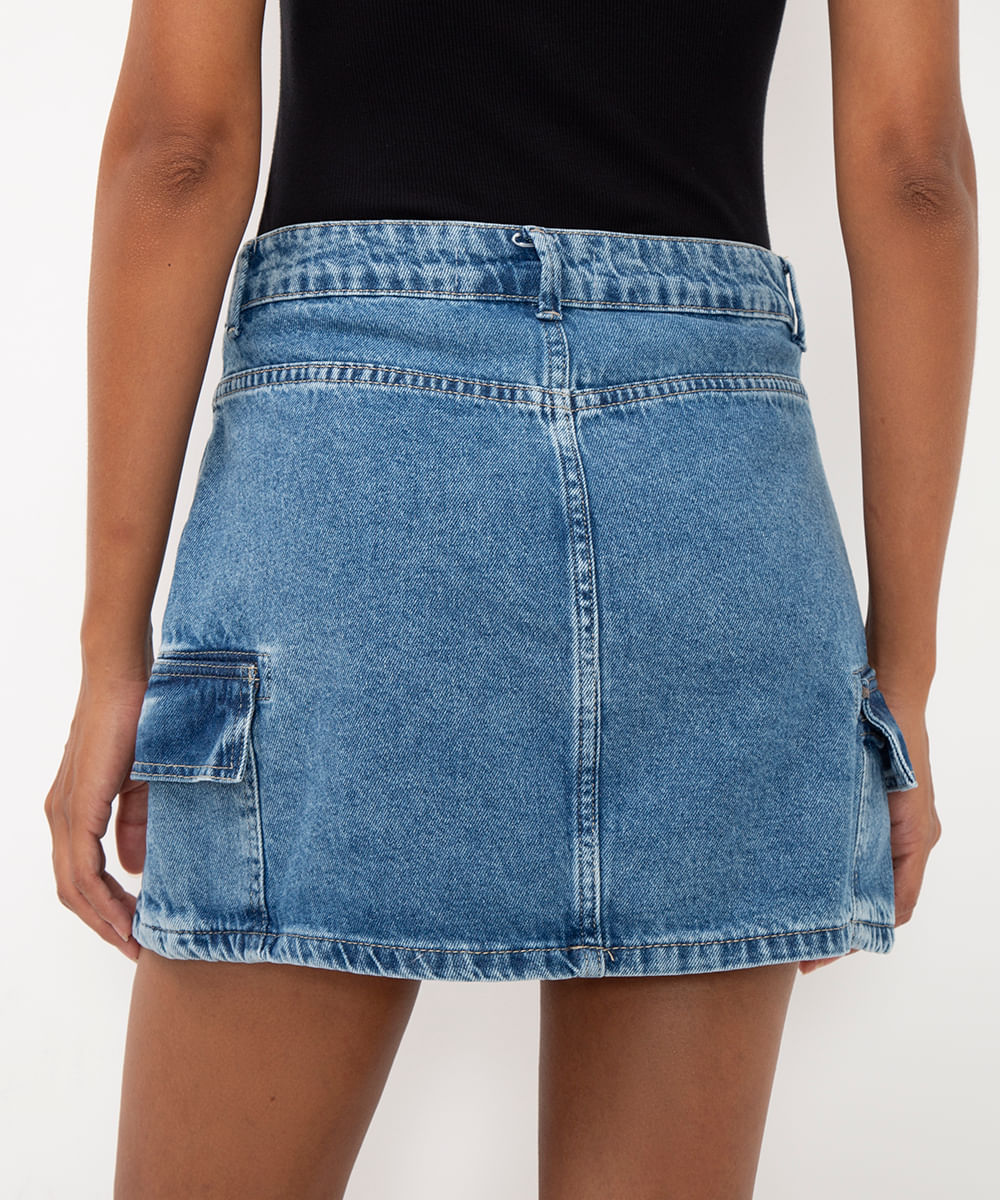 minissaia jeans cintura média cargo azul