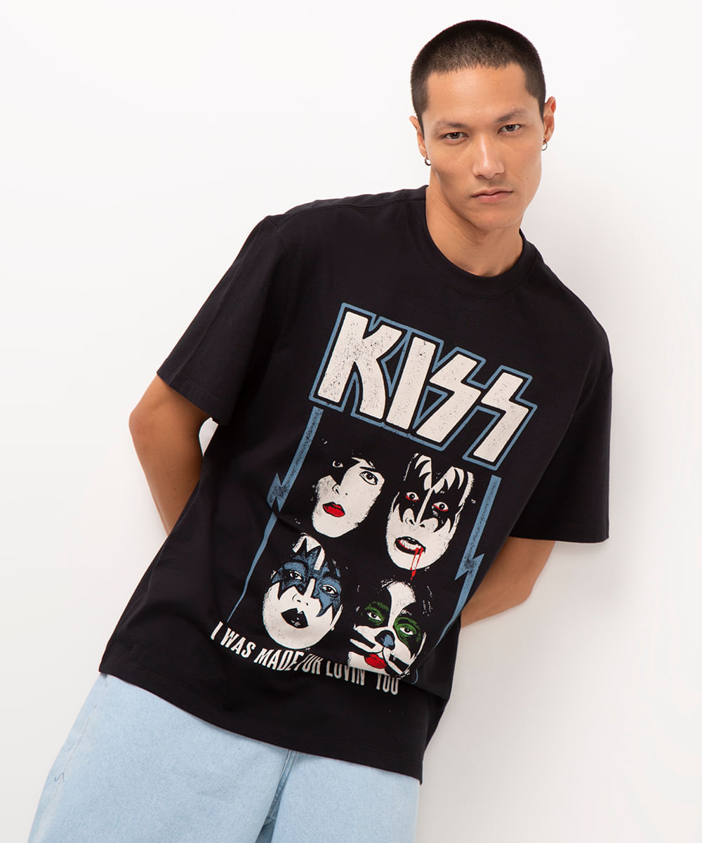 camiseta de algodão manga curta kiss preto