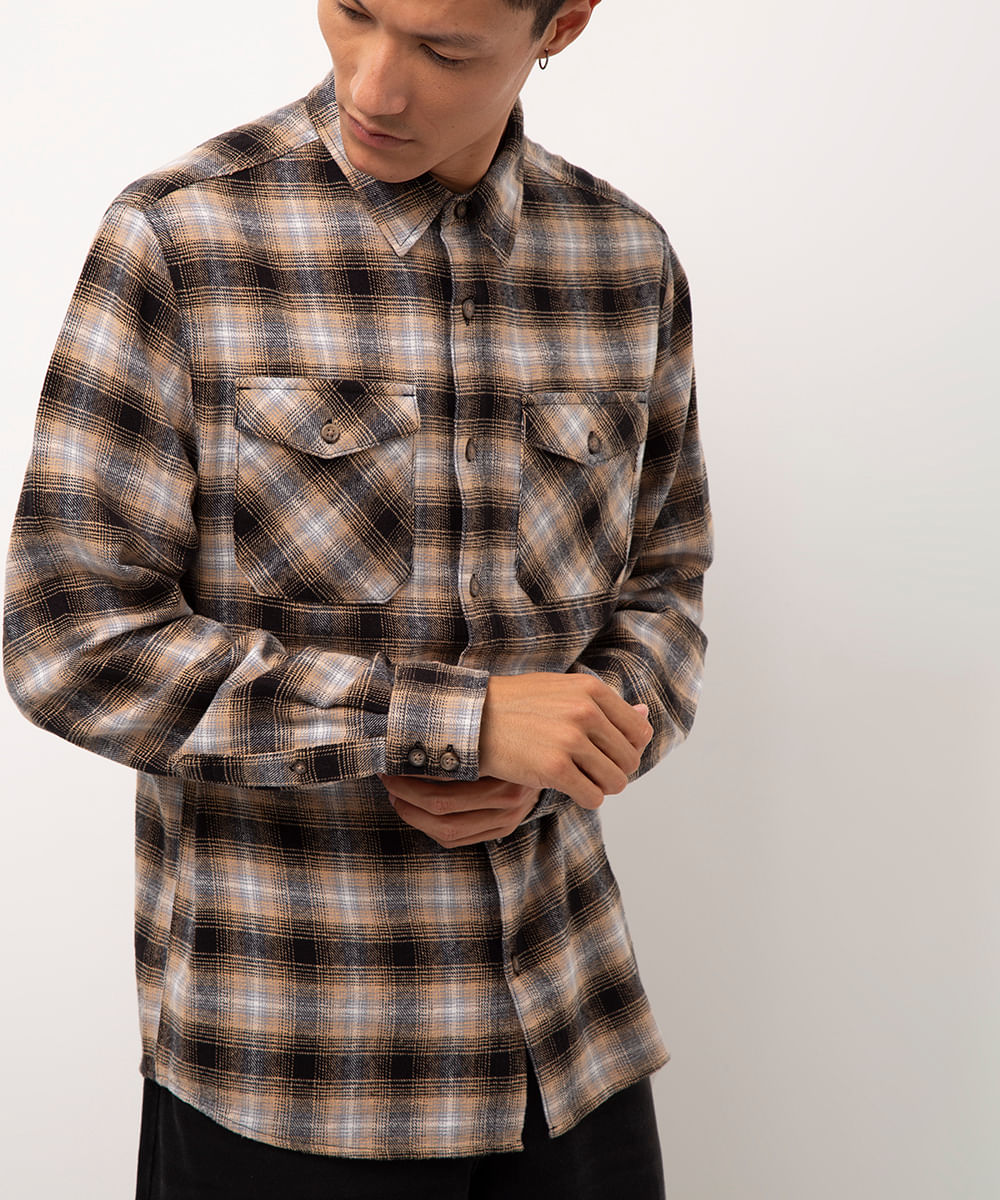 camisa flanelada xadrez cinza
