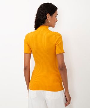 blusa de tricot canelado gola alta amarela