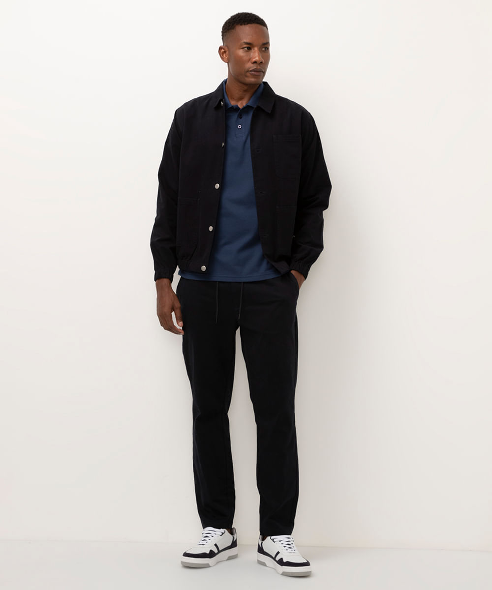 polo de algodão texturizada manga curta azul