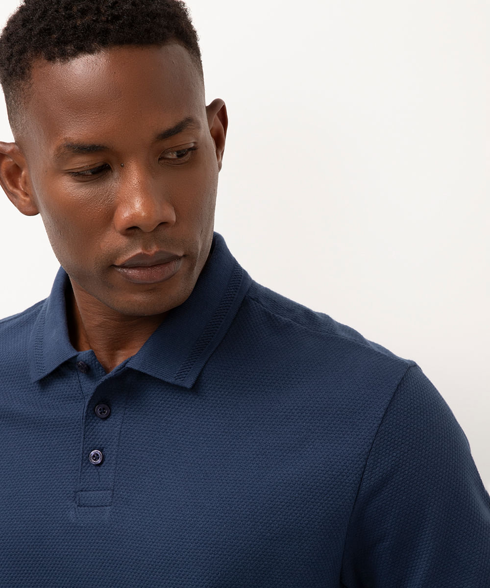 polo de algodão texturizada manga curta azul