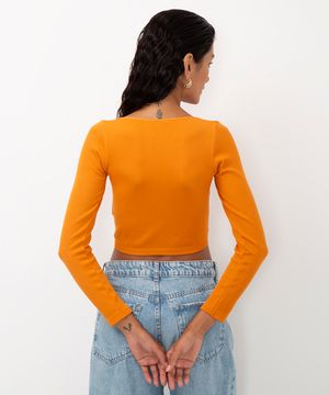 blusa de poliamida canelada cropped manga longa laranja
