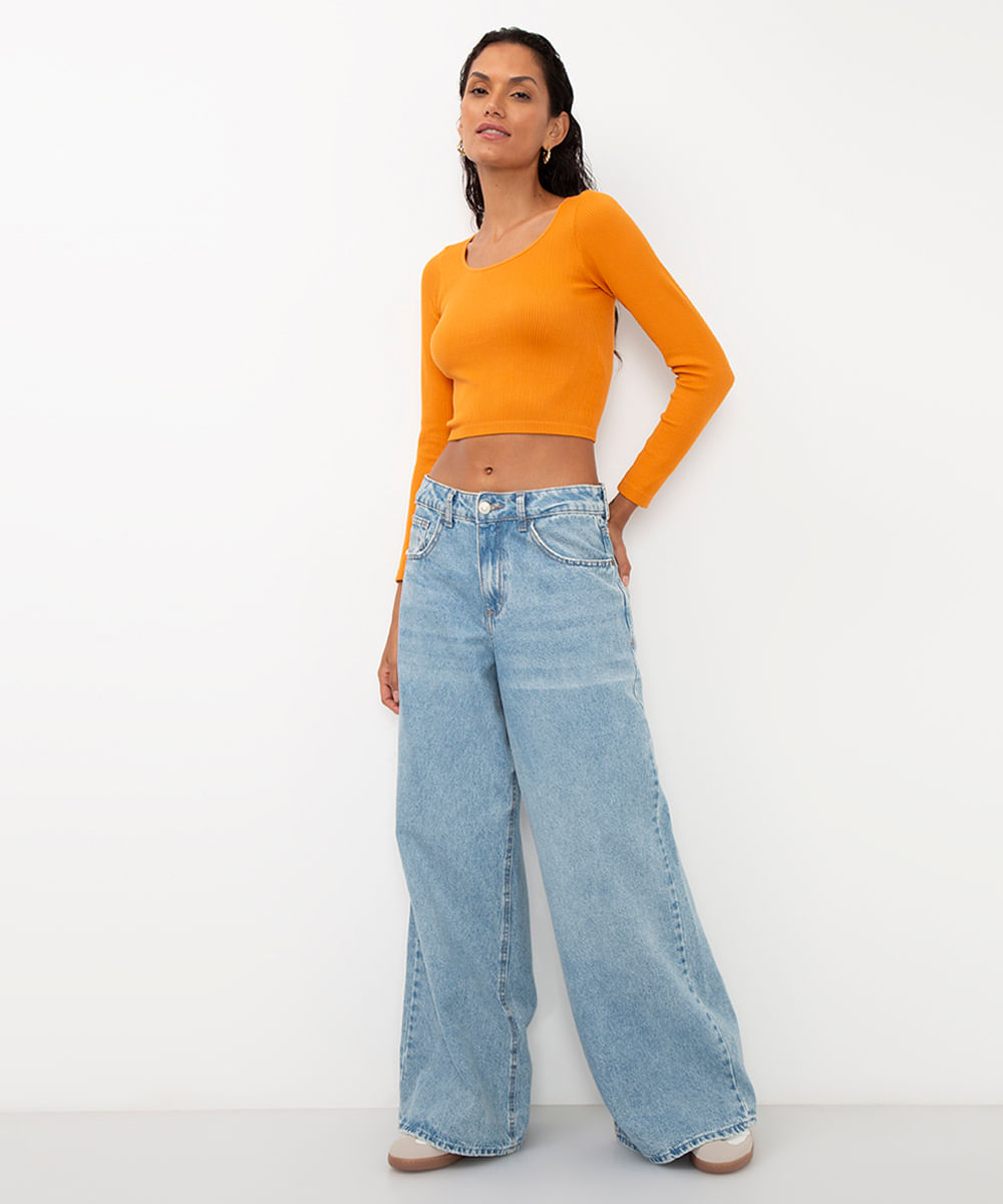 blusa de poliamida canelada cropped manga longa laranja