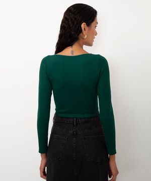 blusa de poliamida canelada cropped manga longa verde