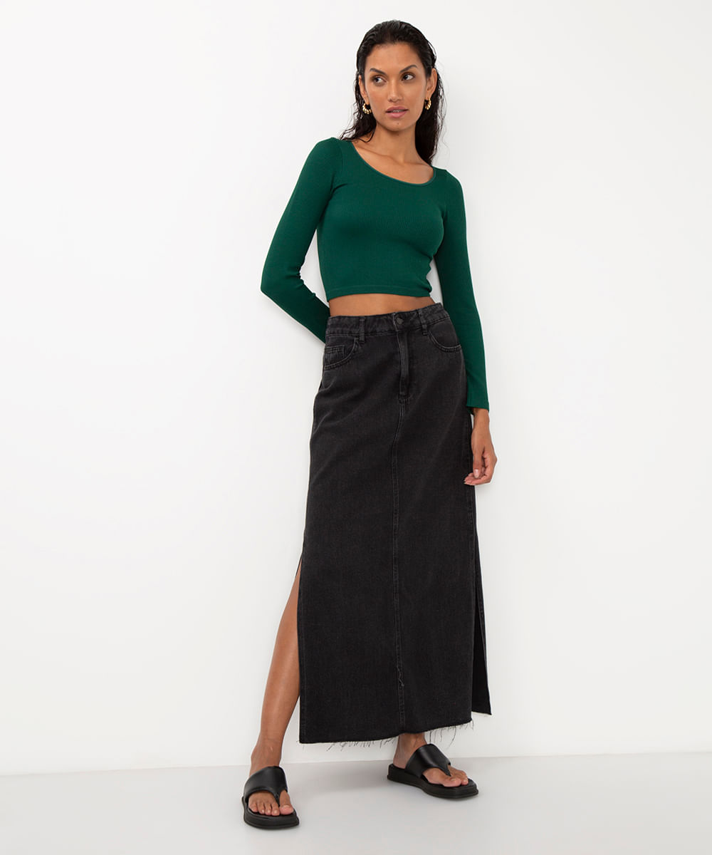 blusa de poliamida canelada cropped manga longa verde