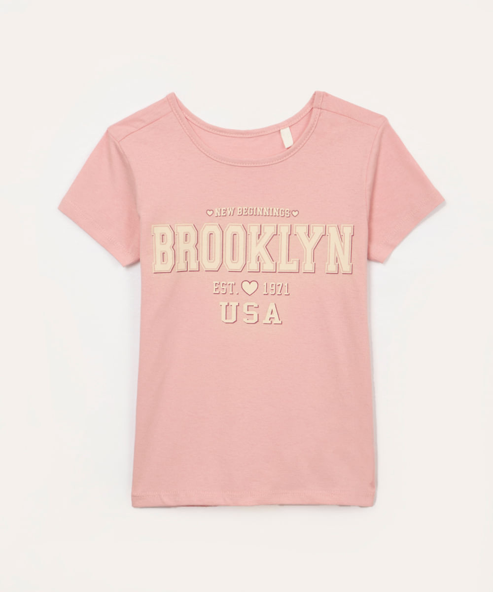blusa de algodão infantil brooklyn manga curta rosa claro