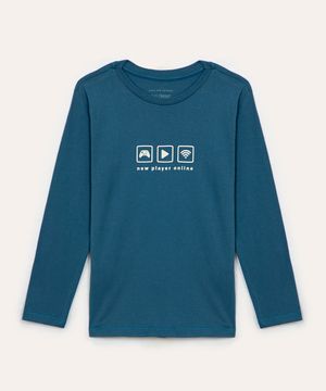 camiseta de algodão infantil game azul