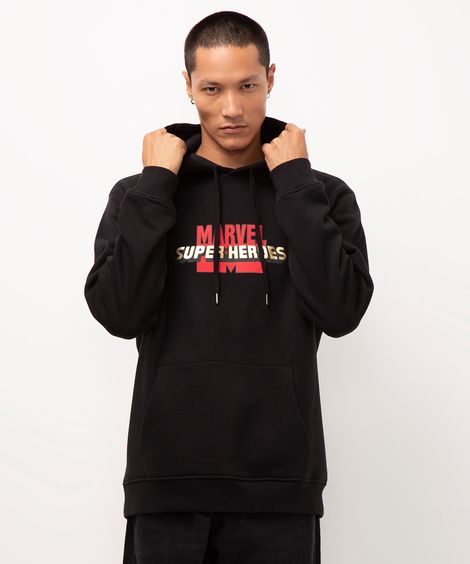 blusão de moletom com capuz super heróis marvel preto