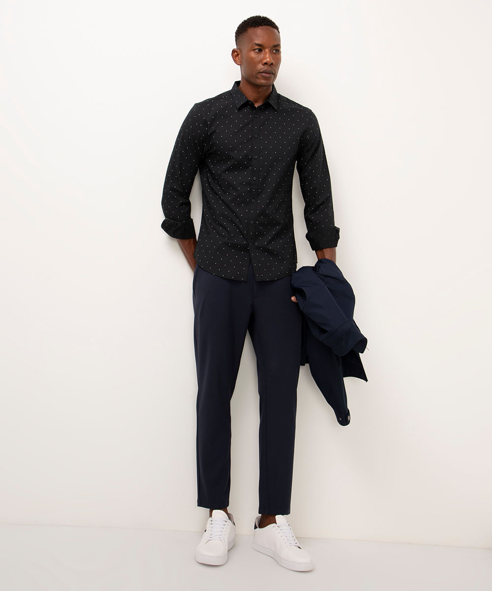 camisa de algodão slim poá manga longa preta