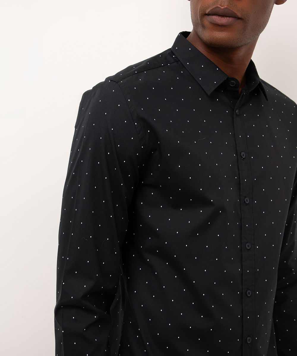 camisa de algodão slim poá manga longa preta