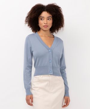 cardigan de tricot cropped manga longa azul médio