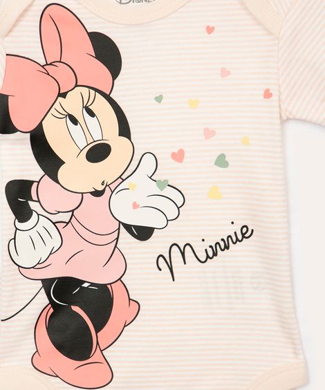 body infantil de algodão manga curta listrada minnie mouse off white
