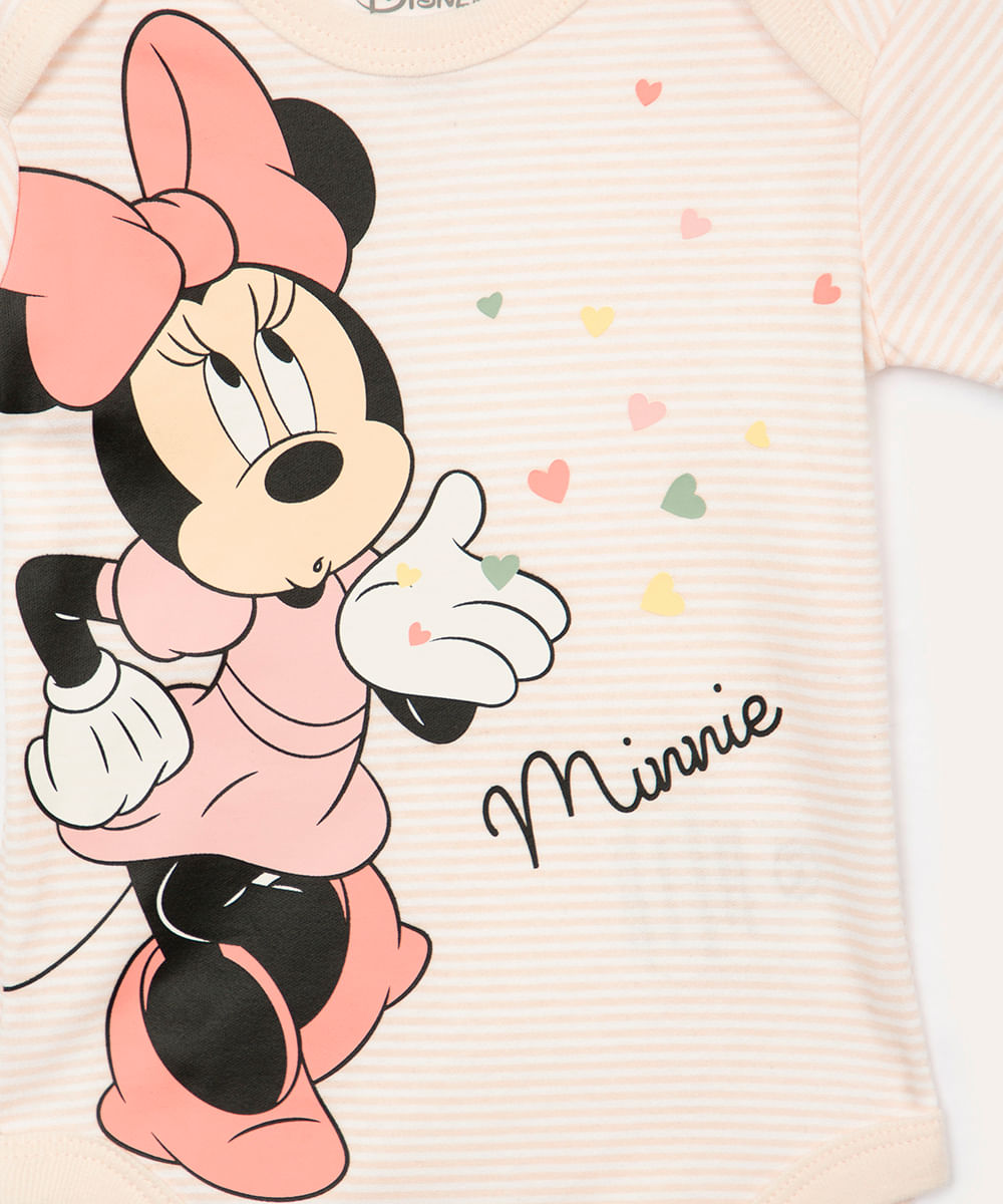 body infantil de algodão manga curta listrada minnie mouse off white