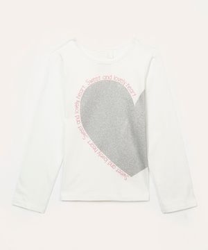 blusa de algodão infantil coração com glitter off white