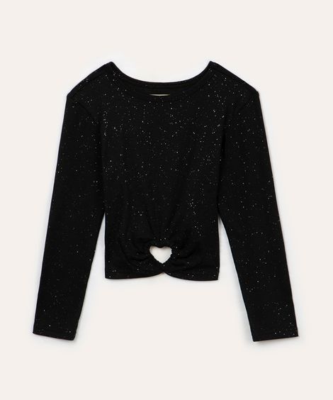 blusa de algodão infantil canelada com brilho preta