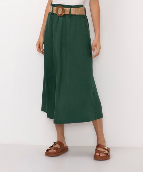 saia midi com linho cintura alta - verde