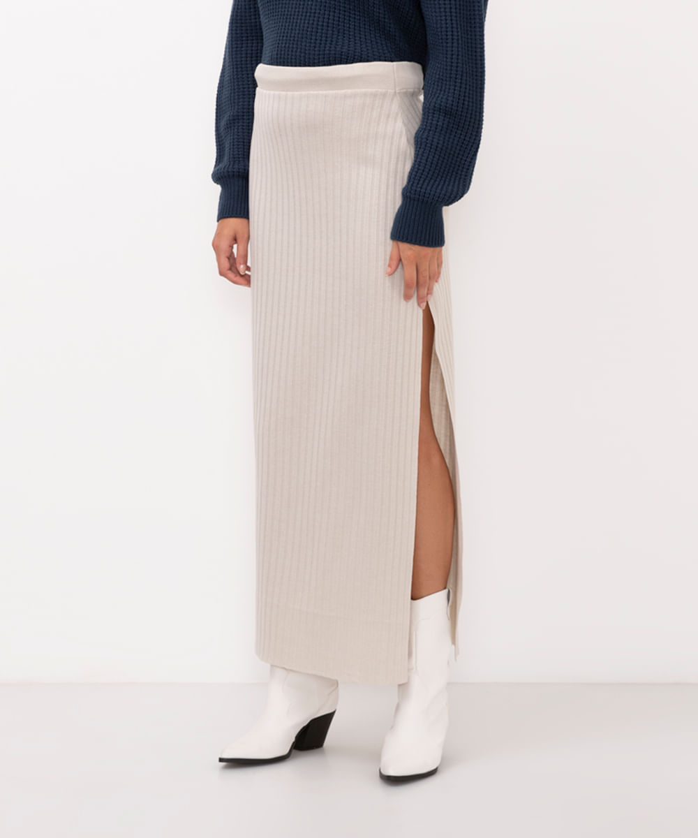 saia longa de tricot cintura alta com fenda bege