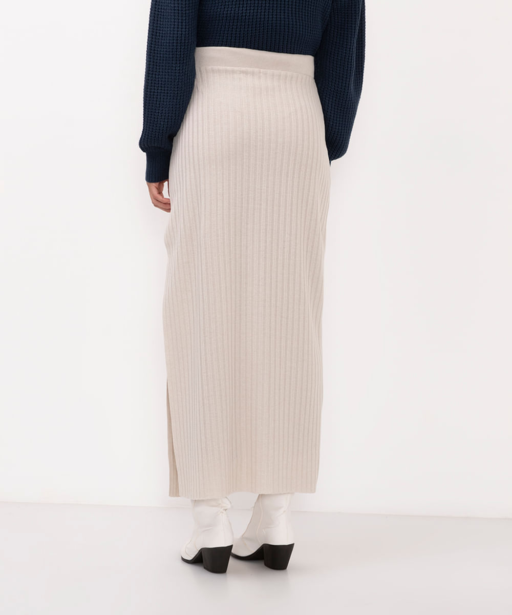 saia longa de tricot cintura alta com fenda bege