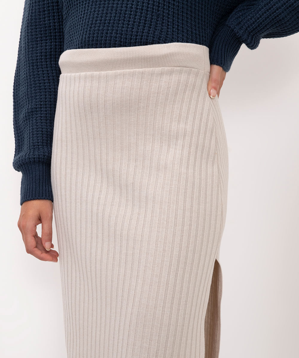 saia longa de tricot cintura alta com fenda bege