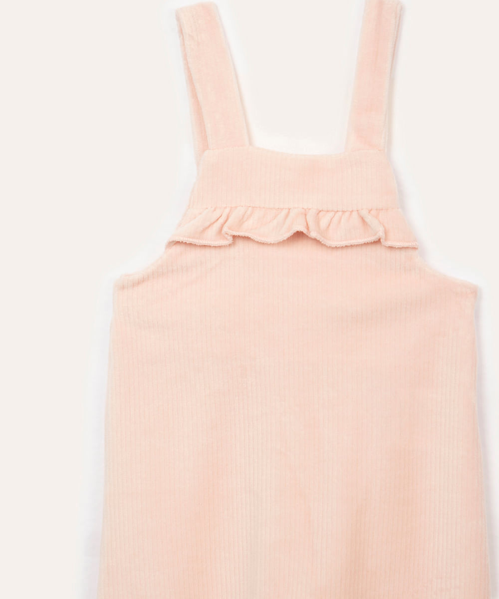 macacão de veludo infantil com babado rosa