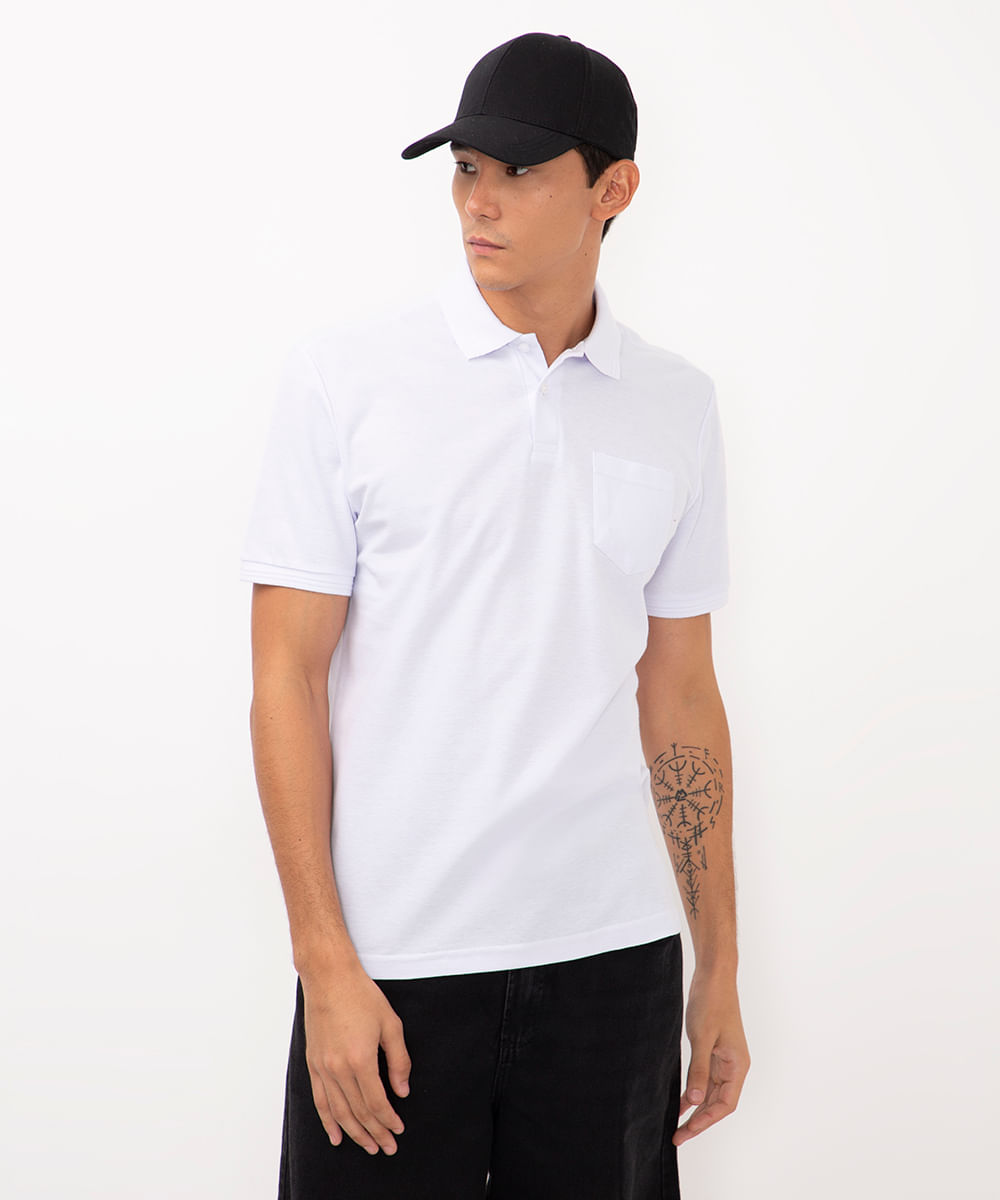 polo de algodão com bolso branco