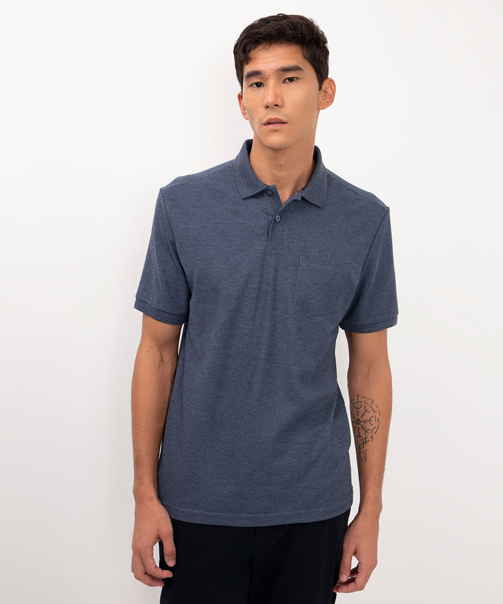 polo de algodão com bolso azul