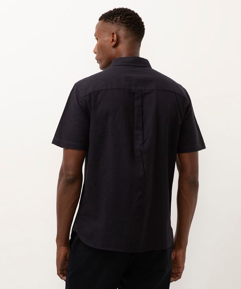 camisa comfort com linho manga curta - azul marinho