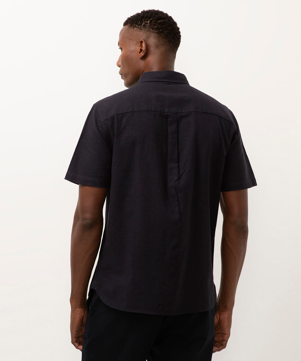 camisa comfort com linho manga curta - azul marinho