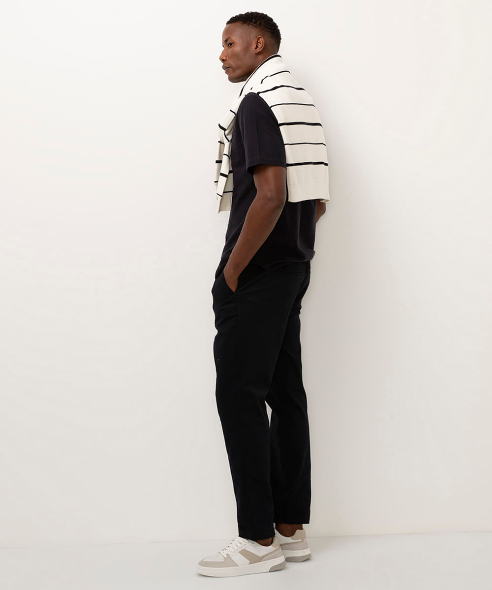 camisa comfort com linho manga curta - azul marinho