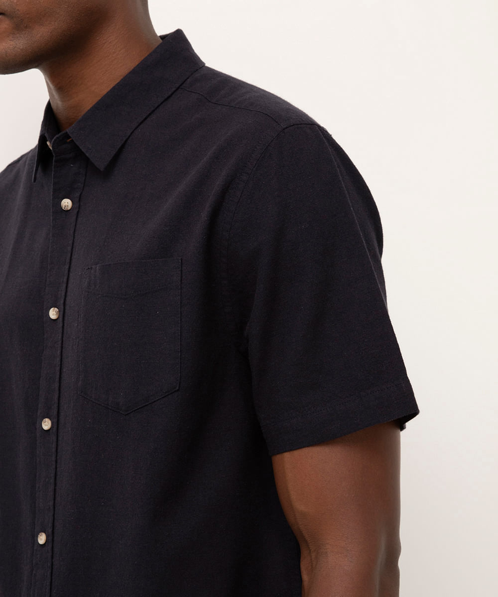 camisa comfort com linho manga curta - azul marinho