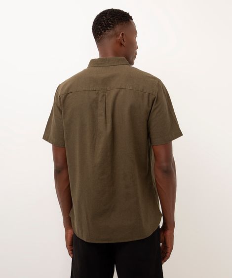 camisa comfort com linho manga curta - verde militar