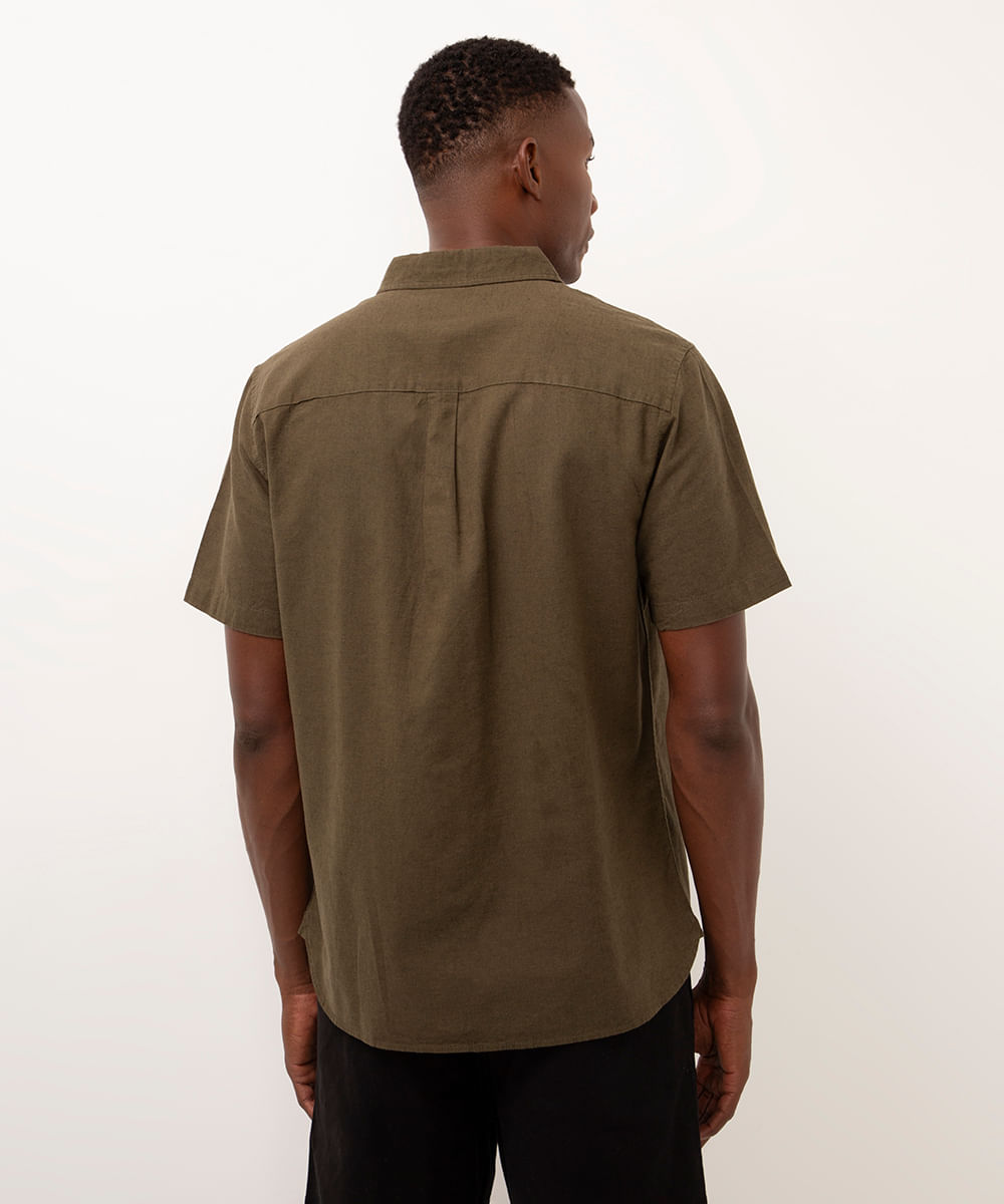 camisa comfort com linho manga curta - verde militar