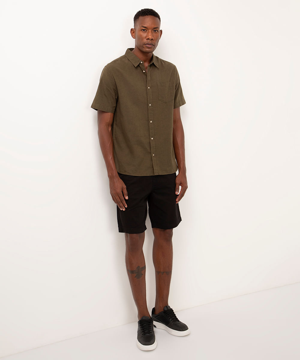 camisa comfort com linho manga curta - verde militar