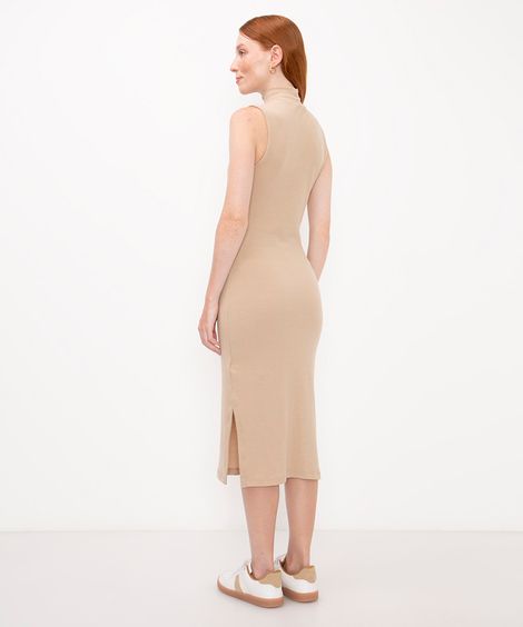 vestido midi canelado com fenda bege