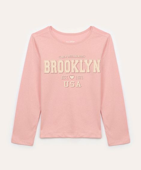 blusa de algodão infantil brooklyn manga longa rosa claro