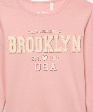 blusa de algodão infantil brooklyn manga longa rosa claro