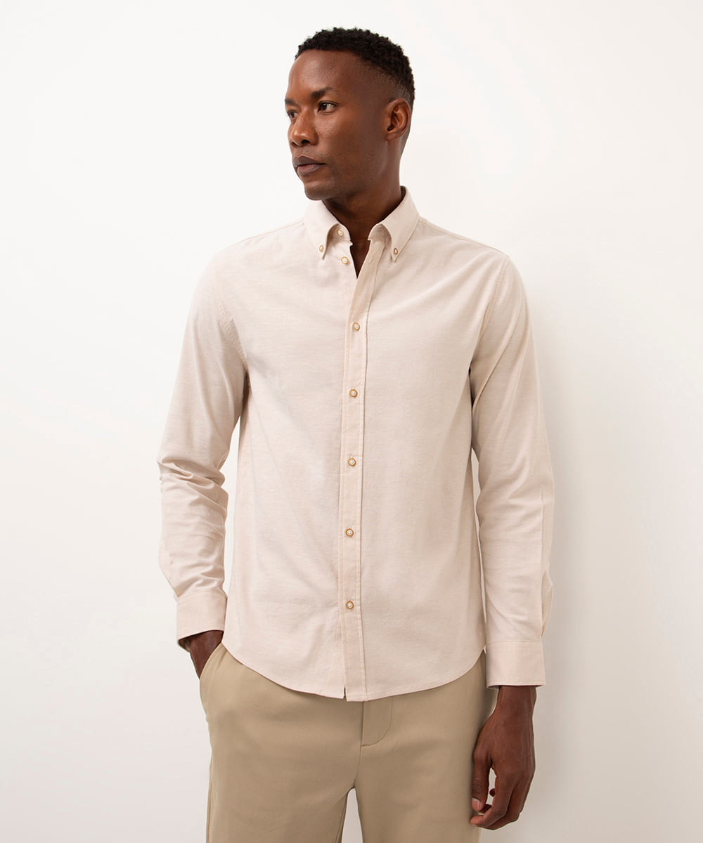 camisa slim manga longa kaki