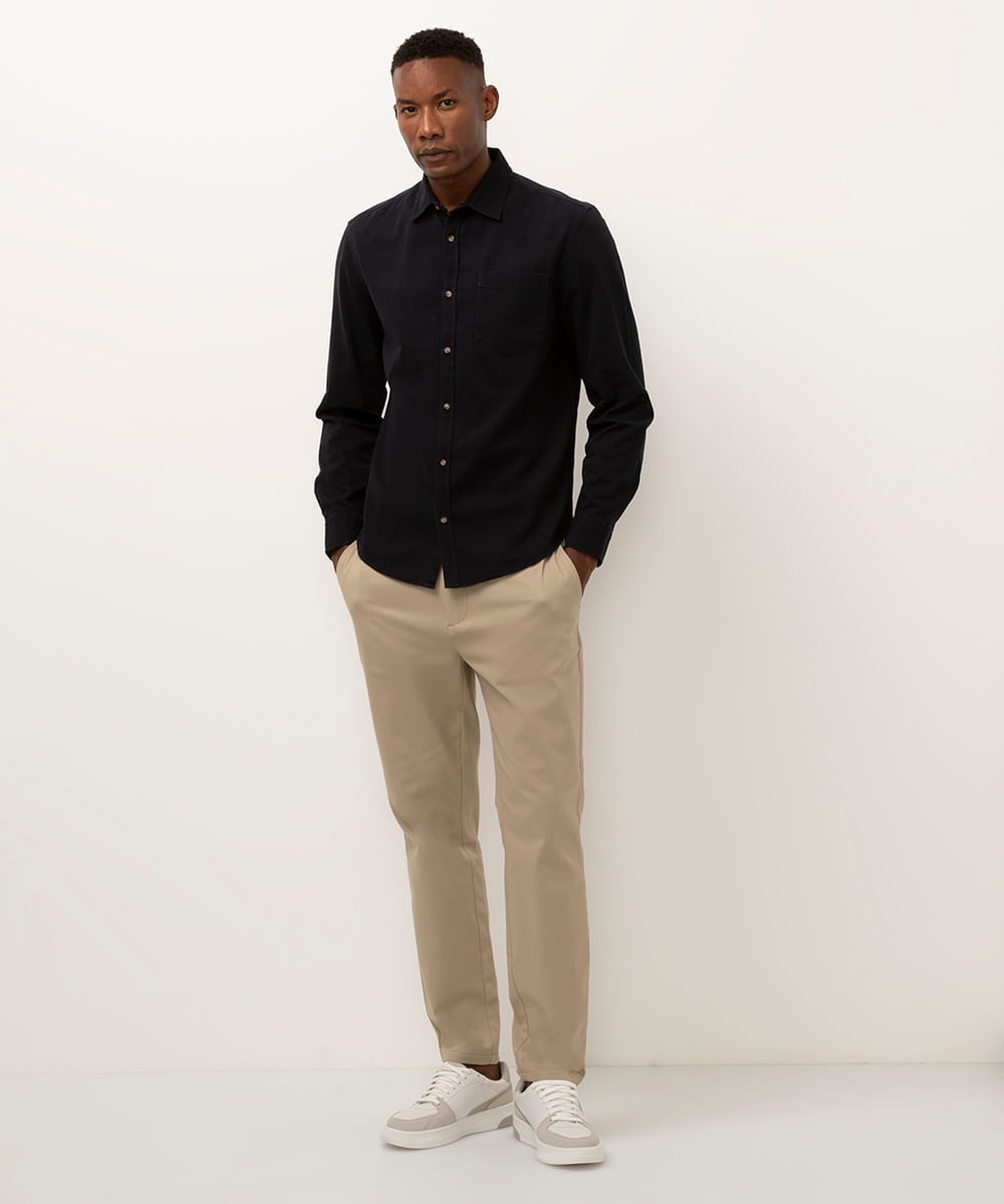 camisa comfort de sarja manga longa azul marinho