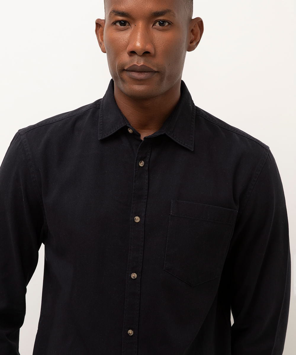 camisa comfort de sarja manga longa azul marinho