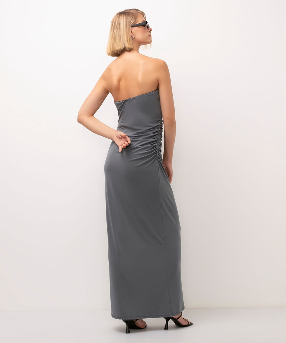 vestido longo drapeado sem alça bff agatha cinza