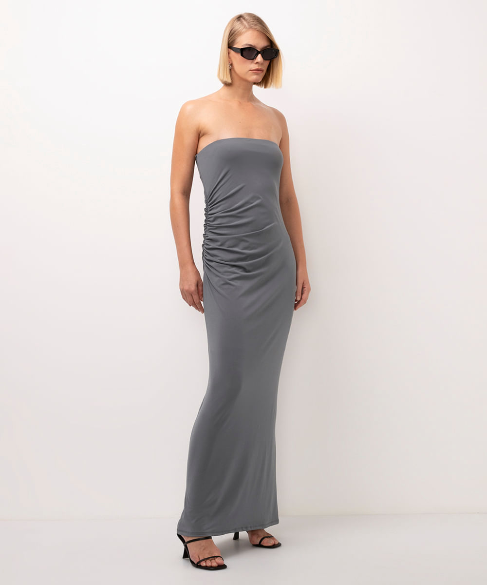 vestido longo drapeado sem alça bff agatha cinza