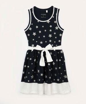 vestido de algodão infantil estrelas com recorte azul marinho