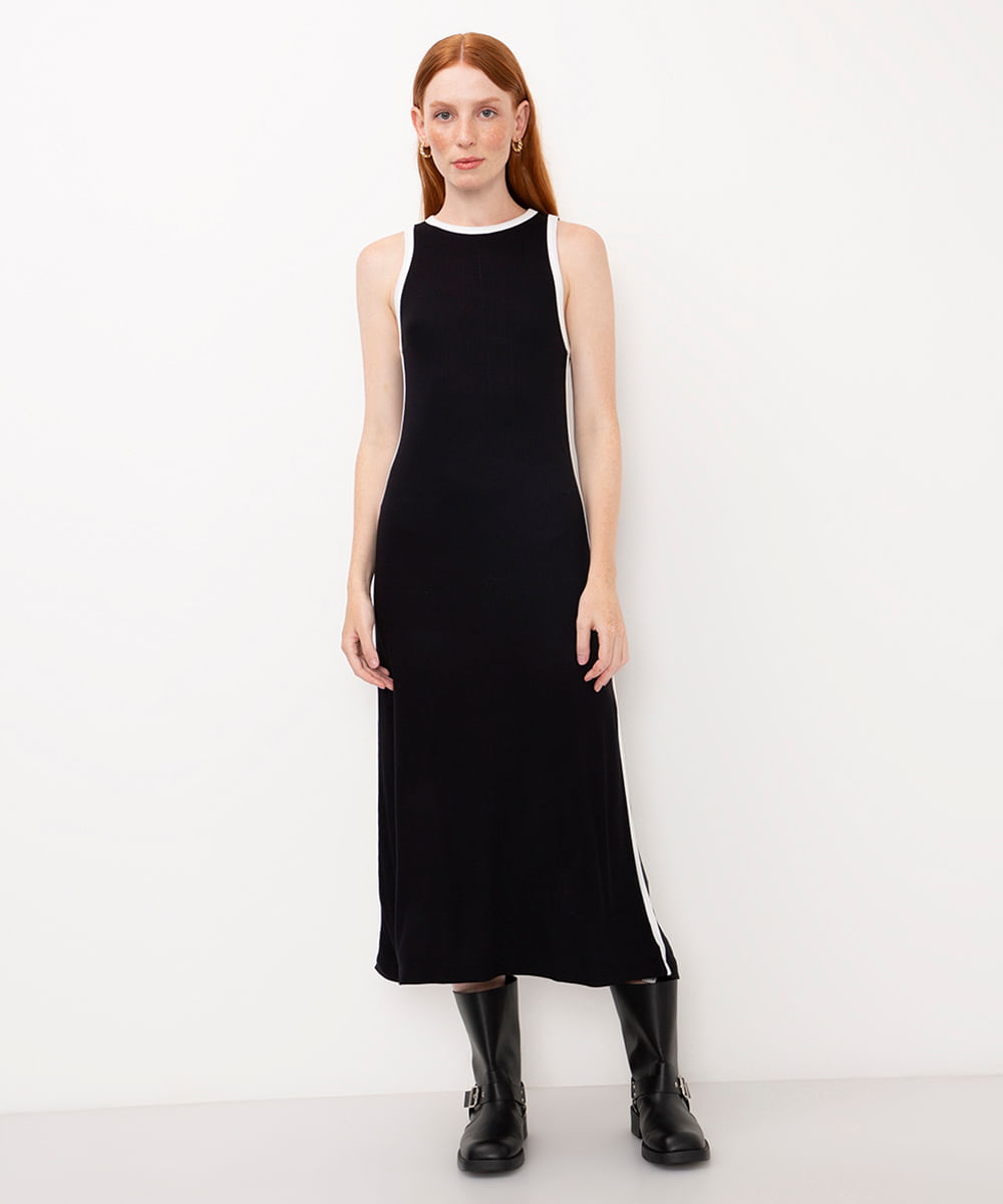 vestido midi de viscose canelado preto